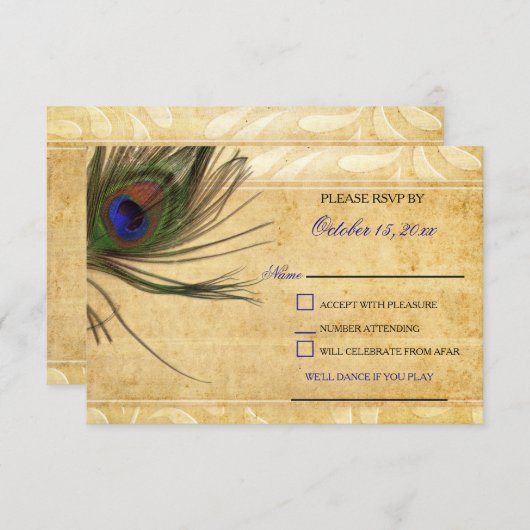 Rustieke Peacock Feather bruiloft rsvp 3.5 x5 (Voorkant / Achterkant)