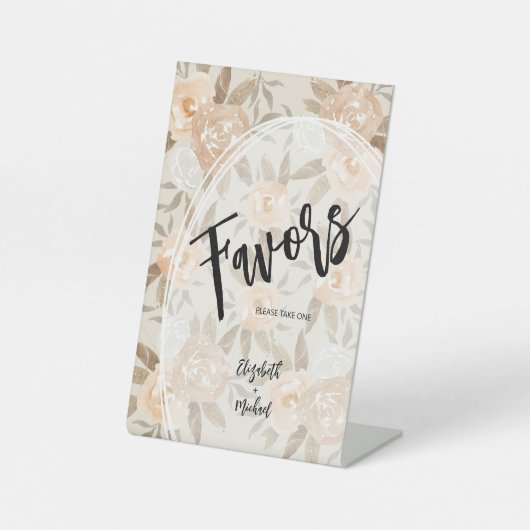 Rustieke perzik bloemen gunsten bruiloft reclamebord met voetstuk (Voorkant)