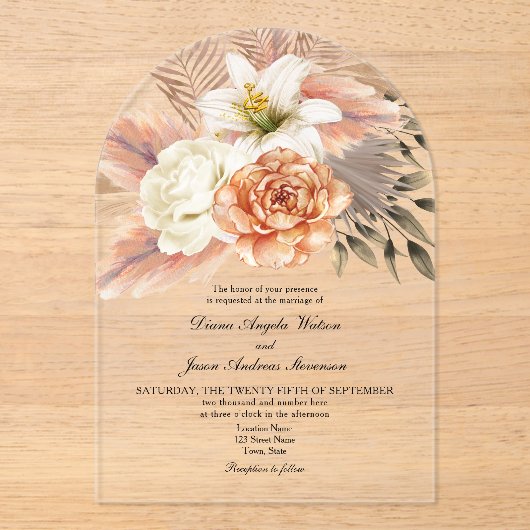 Rustieke Perzik Bloemen Huwelijk Acryl Uitnodiging (Voorkant)