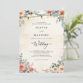 Rustieke Perzik Bloemen String Lights Wedding Kaart (Staand voorkant)