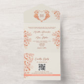 Rustieke Perzik Bloemhart Monogram Huwelijk All In One Uitnodiging (Binnen)