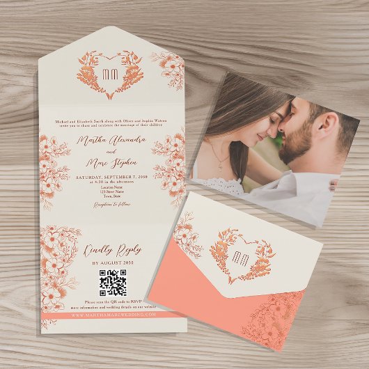 Rustieke Perzik Bloemhart Monogram Huwelijk All In One Uitnodiging