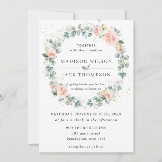 Rustieke Perzik Blush Bloemen Greenery Krans Trouw Kaart (Voorkant)