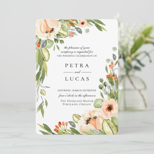 Rustieke perzik botanische bruiloft kaart (Staand voorkant)