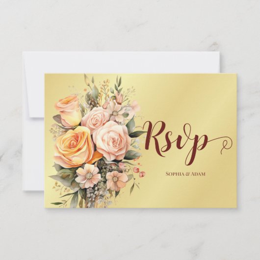 Rustieke perzik en gouden bloemen bruiloft RSPV Ka RSVP Kaartje (Voorkant)