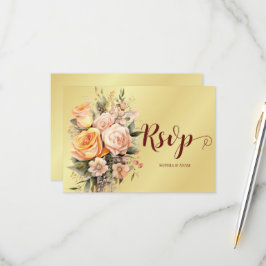 Rustieke perzik en gouden bloemen bruiloft RSPV Ka RSVP Kaartje