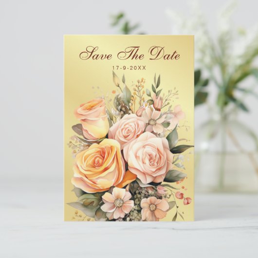 Rustieke Perzik en Gouden Bloemen Bruiloft Save Th Save The Date (Staand voorkant)