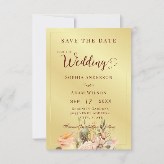 Rustieke Perzik en Gouden Bloemen Bruiloft Save Th Save The Date (Achterkant)