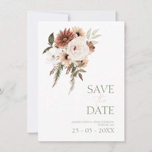 Rustieke Perzik Groene Bloemen Bruiloft Save the D (Voorkant)