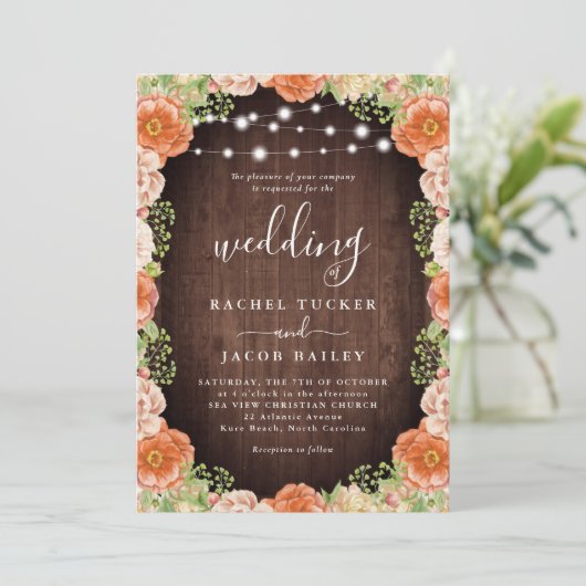 Rustieke perzik koraal bloemengroen herfst bruilof kaart (Staand voorkant)