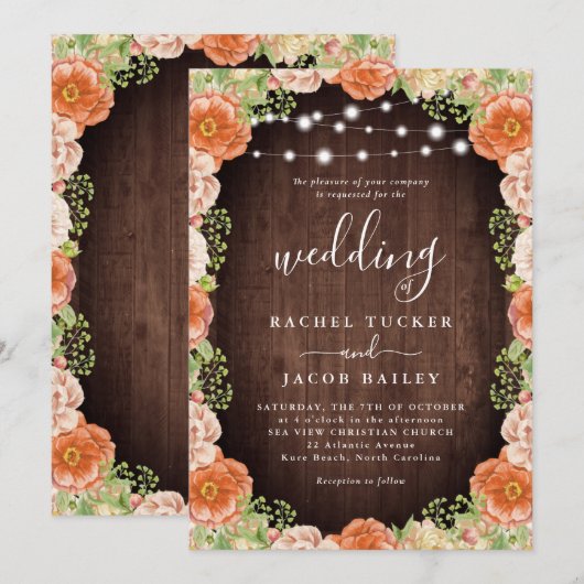 Rustieke perzik koraal bloemengroen herfst bruilof kaart (Voorkant / Achterkant)