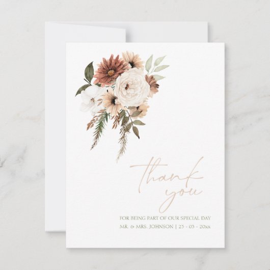 Rustieke perzik olijf groen bloemenbruiloft bedankkaart (Voorkant)