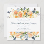 Rustieke perzik pioen bloemboeket sq bruiloft kaart (Voorkant)