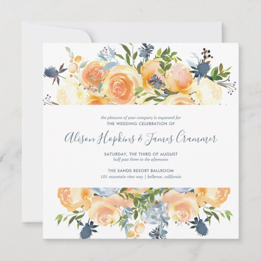 Rustieke perzik pioen bloemboeket sq bruiloft kaart (Voorkant)