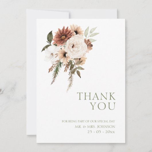 Rustieke perzik terracotta groen bloemenbruiloft bedankkaart (Voorkant)