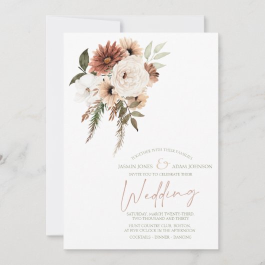 Rustieke perzik terracotta groen bloemenbruiloft kaart (Voorkant)