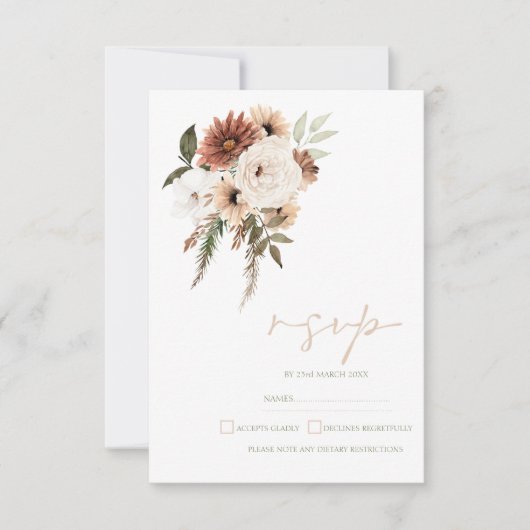 Rustieke perzik terracotta groen bloemenbruiloft RSVP kaartje (Voorkant)
