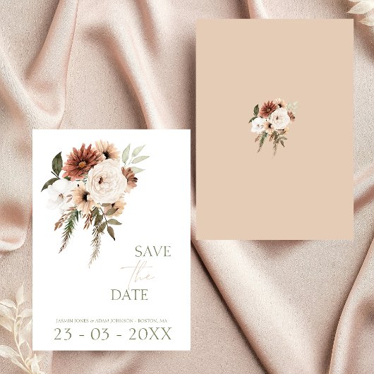 Rustieke perzik terracotta groen bloemenbruiloft save the date