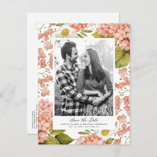 Rustieke Perzik Waterverf Hortensia's Save the Dat Aankondigingskaart (Voorkant / Achterkant)