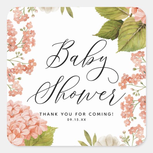 Rustieke Perzik Waterverf Hydrangea Baby Shower Vierkante Sticker (Voorkant)