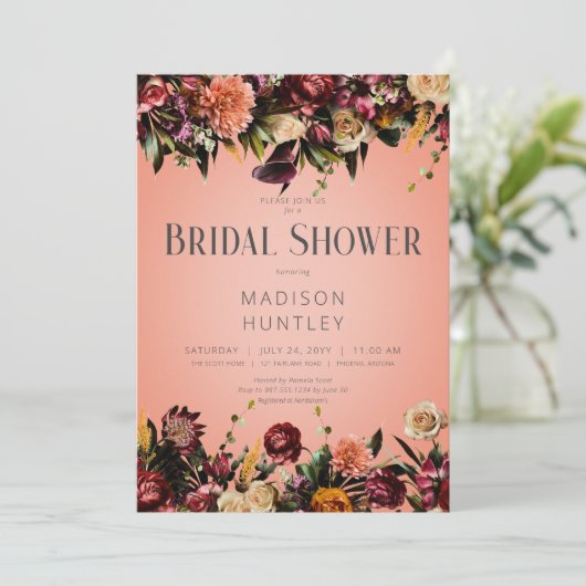 Rustieke perzikwijn & Paarse bloemige Vrijgezellen Kaart (Staand voorkant)