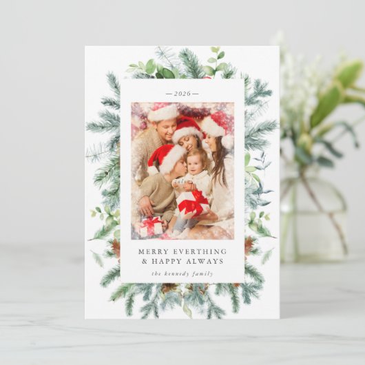 Rustieke pijnboom bessen foto kerst vakantiekaart feestdagenkaart (Staand voorkant)