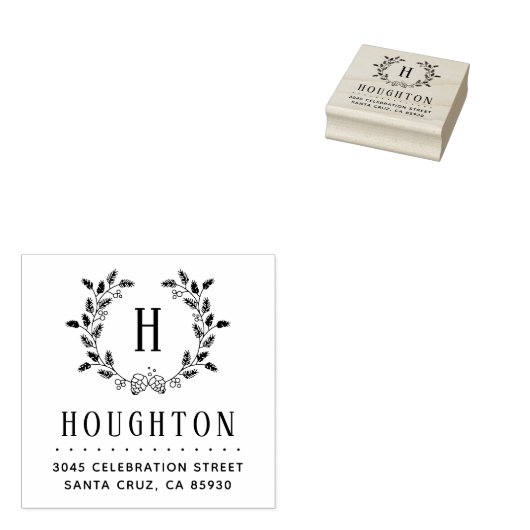 Rustieke Pine Cone Krans Monogram Retouradres Rubberstempel (Gestempeld)