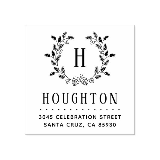 Rustieke Pine Cone Krans Monogram Retouradres Rubberstempel (Afrduk)