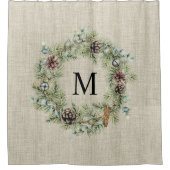 Rustieke Pine Cone Krans Monogrammed Boerderij Douchegordijn (Voorkant)