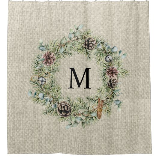 Rustieke Pine Cone Krans Monogrammed Boerderij Douchegordijn (Voorkant)