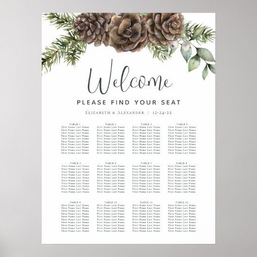 Rustieke Pine Cone Winter Bruiloft Zitgrafiek Poster (Voorkant)