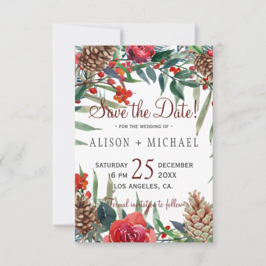 Rustieke Pine Cones Winter Bloemen Kerstbruiloft Save The Date (Voorkant)