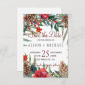 Rustieke Pine Cones Winter Bloemen Kerstbruiloft Save The Date (Voorkant / Achterkant)