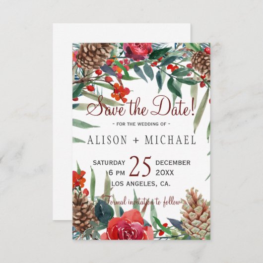 Rustieke Pine Cones Winter Bloemen Kerstbruiloft Save The Date (Voorkant / Achterkant)