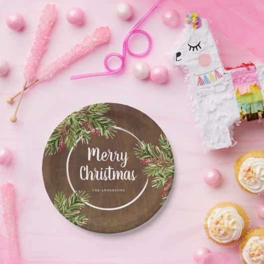 Rustieke Pine en Berry Waterverf Kerstmis Papieren Bordje (Feest)