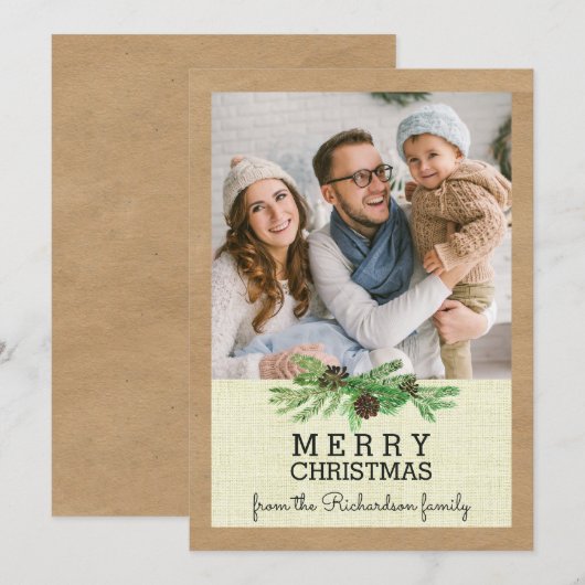 Rustieke Pine en Kraft Kerstmis met uw foto Feestdagenkaart (Voorkant / Achterkant)