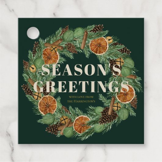 Rustieke Pine Gedroogde Sinaasappel Krans Groene V Bedankjes Labels (Voorkant)