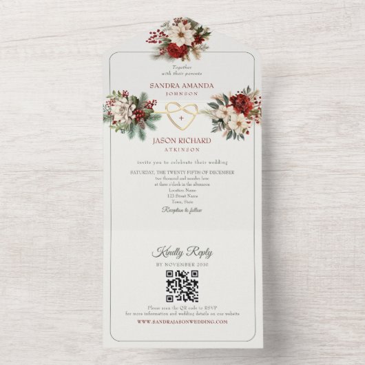 Rustieke Pine Green Red Wedding Uitnodigingen (Binnen)