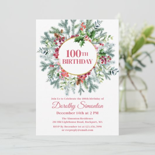 Rustieke Pine Holly Berry krans 100e verjaardag Kaart (Staand voorkant)