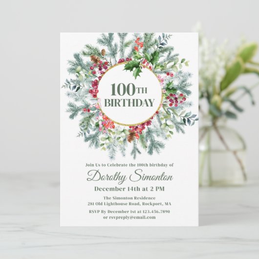 Rustieke Pine Holly Berry krans 100e verjaardag Kaart (Staand voorkant)