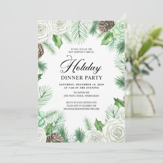 Rustieke Pine Holly Corporate Vakantie Diner Party Kaart (Staand voorkant)