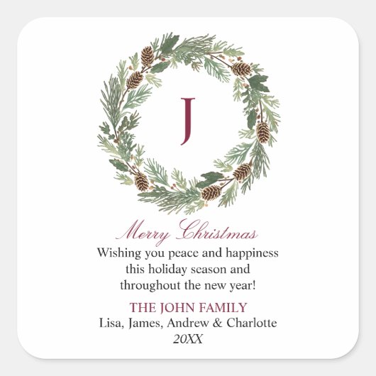 Rustieke Pine Krans Kerstmis Vierkante Sticker (Voorkant)