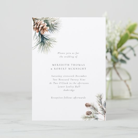 Rustieke Pine Leaves & Pine Cones Winter Wedding Kaart (Staand voorkant)