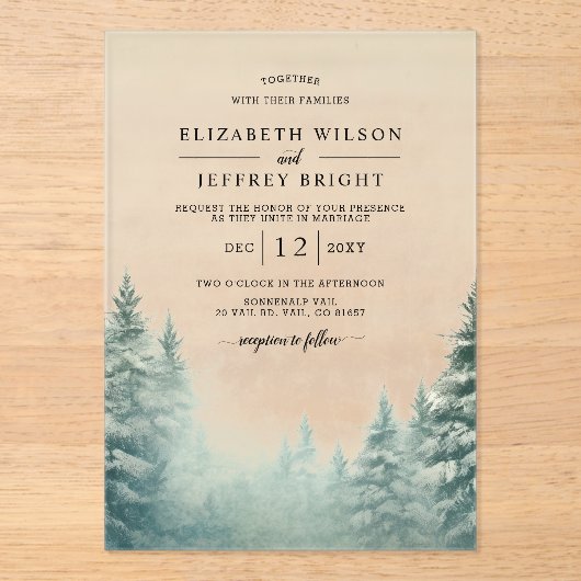 Rustieke Pine Mountains bruiloft Acryl Uitnodigingen (Voorkant)