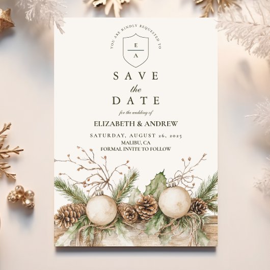 Rustieke Pine Ornament Winter Wedding Save The Date