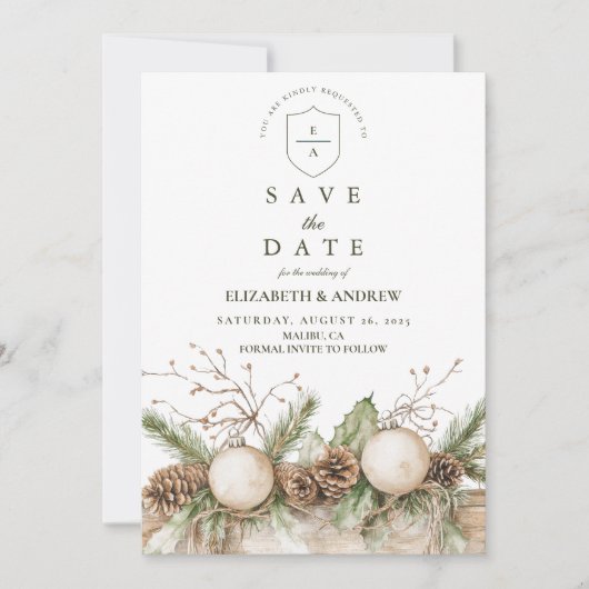 Rustieke Pine Ornament Winter Wedding Save The Date (Voorkant)