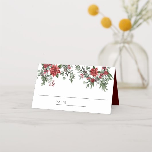 Rustieke Pine Poinsettia Bloemen Kerstmis Plaatskaartje (Voorkant)