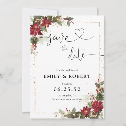 Rustieke Pine Poinsettia Bloemen Kerstmis Save The Date (Voorkant)