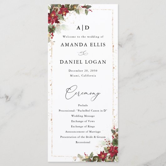 Rustieke Pine Poinsettia Bloemen Wedding Programma Programmakaart (Voorkant)