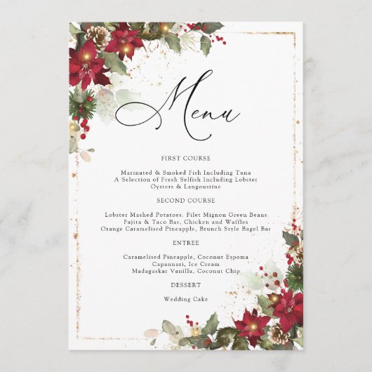 Rustieke Pine Poinsettia Bloemenbruiloft Menu (Voorkant)